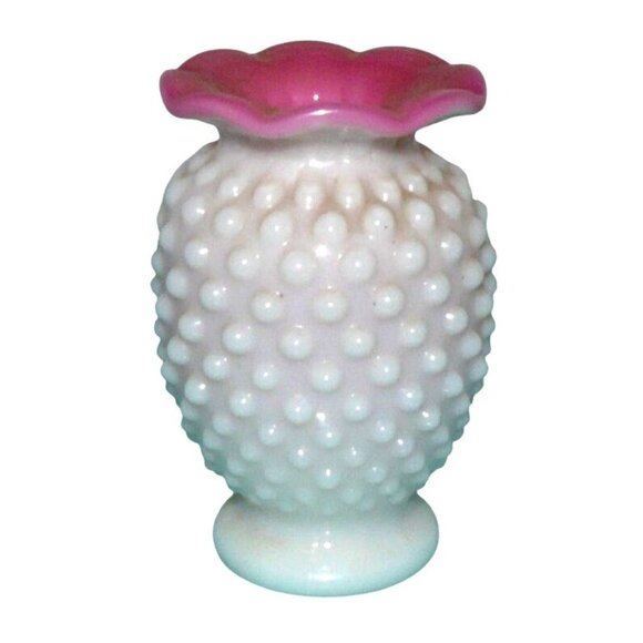 Fenton Hobnail Milk Glass Bud Vase with Cranberry Pink Crest Vintage MCM - Picture 1 of 1